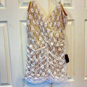 Lulus Lacy Mini Dress Tunic Women M White Beige Lining Rusched Back Zip Straps